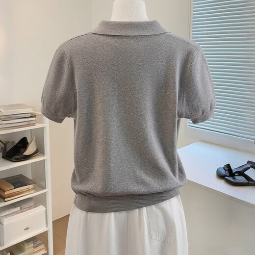 Sibaishe solid color lapel short-sleeved sweater for women 2026 spring new fashion embroidered simple pullover top