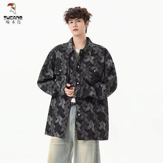 啄木鸟（TUCANO）做旧美式水洗提花满印牛仔外套男生痞帅宽松复古工装夹克春秋新款 黑色 M