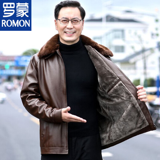 Мужская кожаная куртка ROMON среднего возраста плюс бархатная утолщенная куртка из искусственной кожи, мужская свободная повседневная одежда для папы, осеннее и зимнее пальто среднего и пожилого возраста, съемное плюс бархатное черное утолщенное пальто M 52 (105-120Jin Jin соответствует 0,5 кг)
