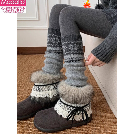 Modal Fair Isle heap socks autumn and winter knitted gray calf socks y2k Christmas snowflake mid-calf leg sleeves for women to keep warm gray one size