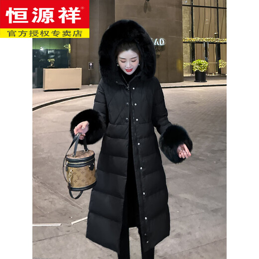 Hengyuanxiang black big fur collar down jacket for women winter 2026 new style fashionable style thickened warm long little jacket black S