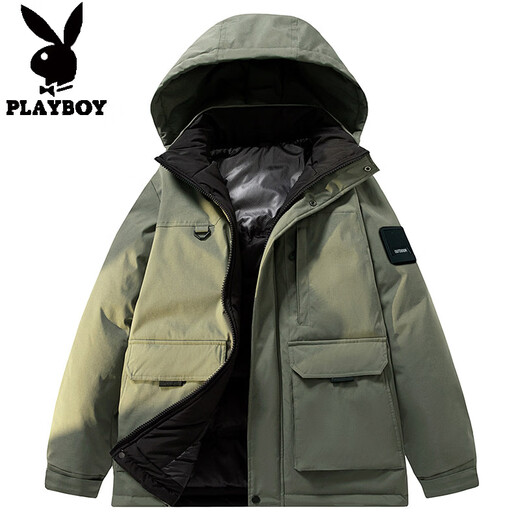 Playboy Plus Size Men's Down Jacket Winter Thickened Warm Hooded Jacket Plus Fat Plus Fat Loose Casual Workwear Trend Military Green L Recommended 120-140 Jin Jin equals 0.5 kg