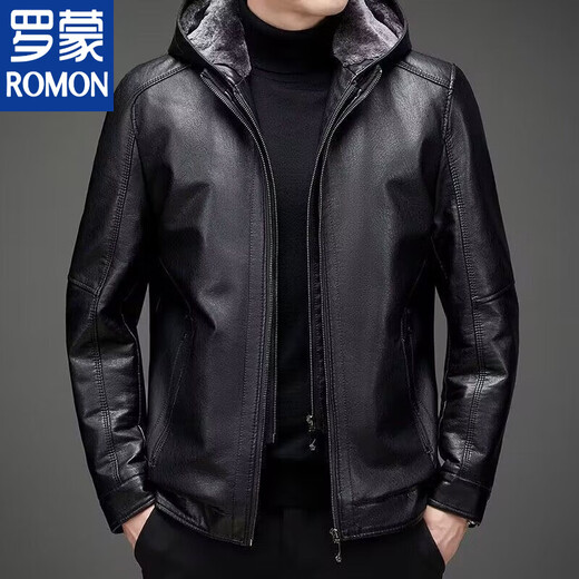 ROMON Haining leather men's fur all-in-one jacket middle-aged and elderly sheepskin plus velvet thickened leather jacket dad's outfit black hat style plus velvet thickened L 175 code 90-110Jin Jin is equal to 0.5 kg