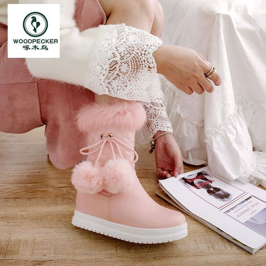 Woodpecker 2025 New Sweet Student Short Boots Women's Winter Thickened Anti-Slip Cotton Shoes Women's Velvet Warm Mid-calf Snow Boots Women's White (Plus Thick Velvet) Free Socks 37