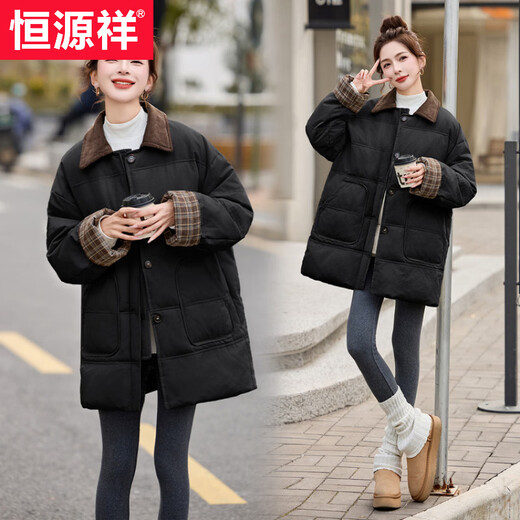 Hengyuanxiang 2026 new winter Korean style contrasting lapel down jacket for women, mid-length plaid, versatile, slim and warm jacket, black S