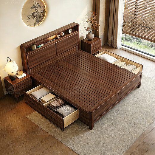Small wooden nest solid wood bed black walnut mid-century style 1.8m double bed bedroom with light soft package bedside high box storage bed bed silent dovetail bed board 1200*2000 solid wood bedside with light and sub charging