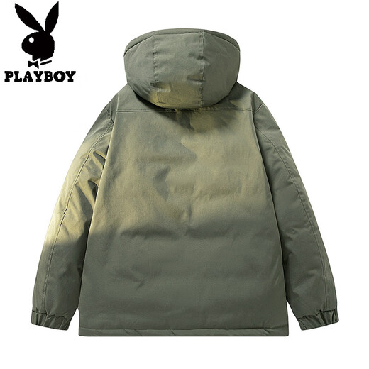 Playboy Plus Size Men's Down Jacket Winter Thickened Warm Hooded Jacket Plus Fat Plus Fat Loose Casual Workwear Trend Military Green L Recommended 120-140 Jin Jin equals 0.5 kg