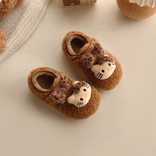 2025 new winter girls' KT cat warm Birkenstock shoes for children, versatile non-slip plus velvet baby plush cotton shoes, camel color, size 21/inner length 13.3cm