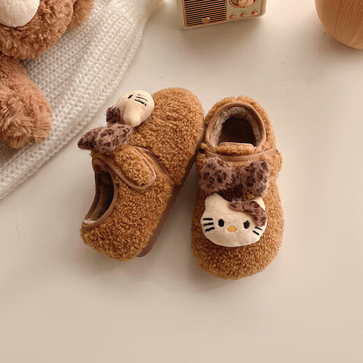 2025 new winter girls' KT cat warm Birkenstock shoes for children, versatile non-slip plus velvet baby plush cotton shoes, camel color, size 21/inner length 13.3cm