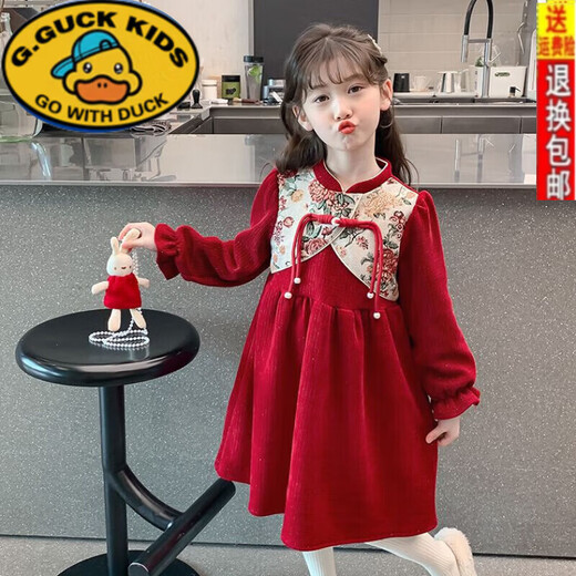 G.duck Girls Dress Autumn and Winter 2025 New Year's Eve Clothes Children's Winter Clothes Red Princess Dress Girls' Velvet Skirt Red Velvet (excluding pendants) 100