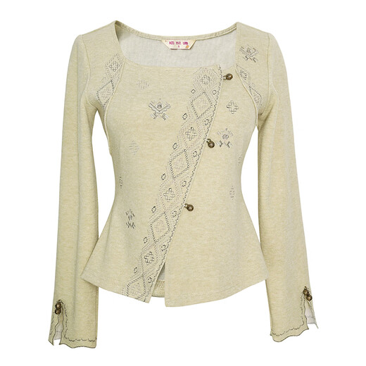 Fireworks perm national style design bottoming shirt women's sweater spring 2026 new temperament embroidered top JY Su Wan yellow green S