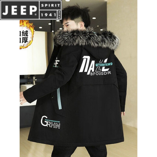 JEEP SPIRIT mid-length windbreaker autumn and winter plus velvet thickened jacket men's simple trendy fashion top winter clothing two-piece set 1/GF plus velvet fur collar-Black M