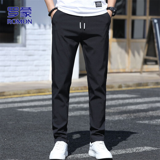 ROMON pants men's spring new men's business casual pants trendy slim commuter straight trousers black 36