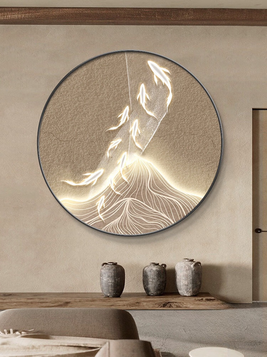 Mu Dianxing Wabi-sabi Wind Nine Fish Gathering Talents Picture Living Room Entrance Decorative Painting Round Hanging Picture Restaurant Dining Table Sideboard Mural Mountain Nine Fish-A Gold Frame Diameter 120cm Crystal Porcelain Painting