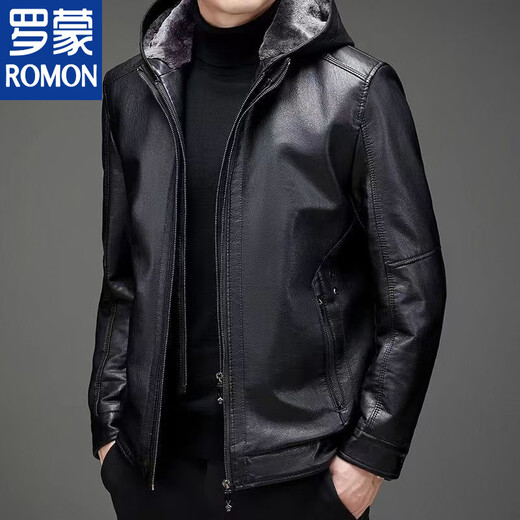 ROMON Haining leather men's fur all-in-one jacket middle-aged and elderly sheepskin plus velvet thickened leather jacket dad's outfit black hat style plus velvet thickened L 175 code 90-110Jin Jin is equal to 0.5 kg