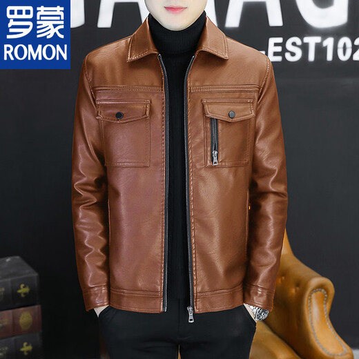 ROMON Leather Men's Jacket Haining Motorcycle Lapel Plus Velvet Warm Autumn and Winter Young and Middle-aged Men's Slim Leather Jacket Pocket Style Black Single Jacket M Recommended 90-115 Jin Jin equals 0.5 kg