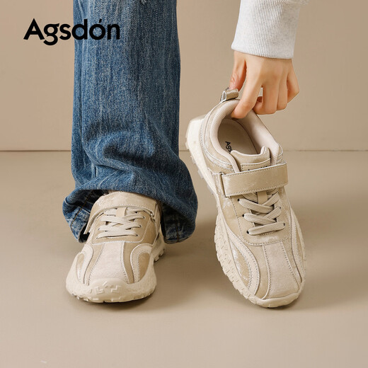 Augushiden thick-soled moral training shoes for women spring new retro versatile stitching tall and thin convenient Velcro casual sports shoes P161060 apricot 35