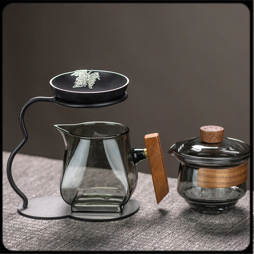 He Jiagong tea drain, tea drain, tea filter, glass fair cup, one-piece tea house tea spacer, tea brewing ceramic non-porous filter bracket, black pottery tea drain set + Guanshan male cup (ash) + rain shower bowl