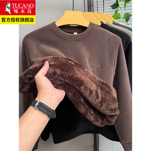 Woodpecker thickened velvet sweatshirt men's round neck winter flannel warm top men's fleece ultra-thick all-in-one velvet bottoming shirt 6665 meters gray 2XL recommended 125-145Jin Jin equals 0.5 kg
