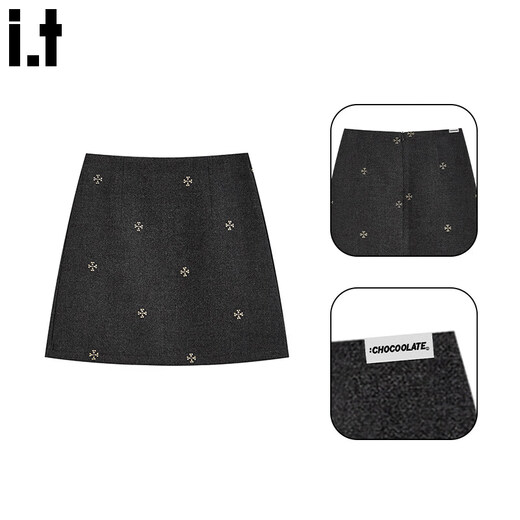 CHOCOOLATE it women's Korean embroidered woolen skirt for women in winter high-waisted slimming anti-exposure A-line hip-hugging short skirt for women dark gray S