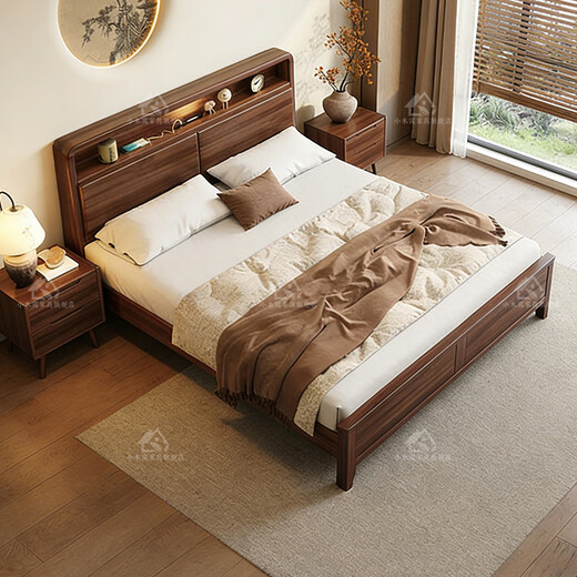 Small wooden nest solid wood bed black walnut mid-century style 1.8m double bed bedroom with light soft package bedside high box storage bed bed silent dovetail bed board 1200*2000 solid wood bedside with light and sub charging