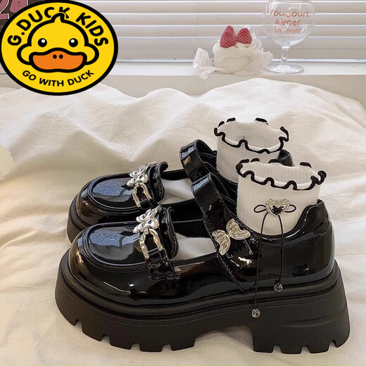 G.duck girls' small leather shoes 2025 new spring and autumn children's black princess shoes soft sole Mary Jane high-heeled shoes students black 34 inner length about 21cm