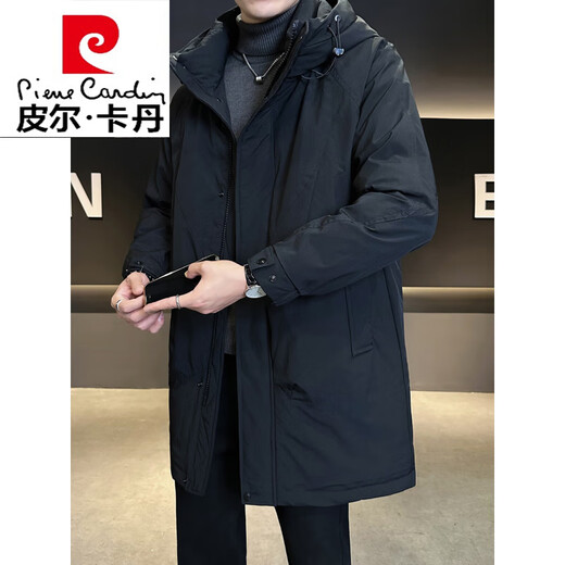 Pierre Cardin mid-length men's down jacket winter 2026 new hooded thickened trendy brand men's winter windbreaker jacket black XL 120-140Jin Jin equals 0.5 kg