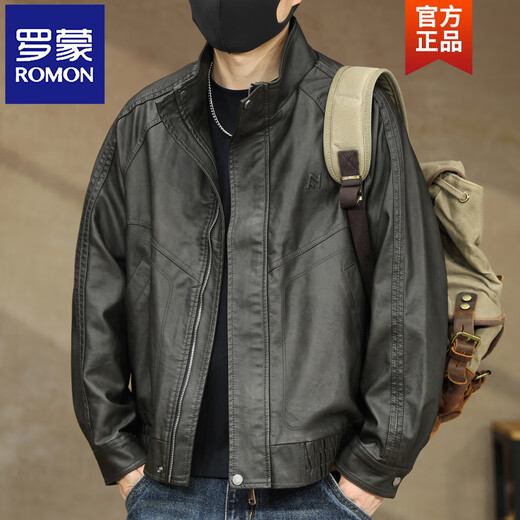 ROMON leather jacket men's Maillard retro motorcycle style PU leather jacket men's 2026 autumn and winter new velvet pilot jacket black gray M 100-130Jin Jin equals 0.5 kg