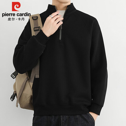 Pierre Cardin sweatshirt men's fall and winter stand-up collar half-zip long-sleeved T-shirt men's fleece warm clothing olive green regular XL