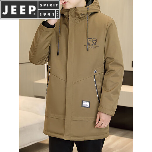 JEEP SPIRIT autumn and winter mid-length windbreaker men's hooded plus velvet thickened parka cotton clothing trendy handsome casual jacket Khaki M