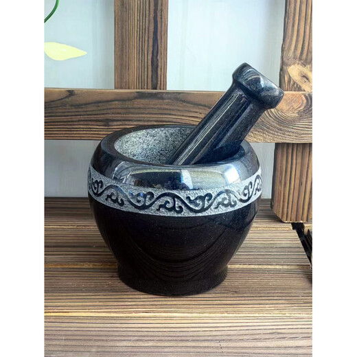 MPPMCK black gold stone mortar garlic pounder medicine jar stone household medicine mortar stone garlic mortar small grinder stone Gu mortar diameter 13CM