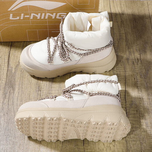 Li Ning honey boot high-top casual shoes for women 2025 winter new fashion snow boots soft sole warm women's shoes rock white gray/oyster gray AGCV388-2 35.5