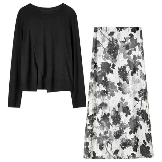 Shandubila Light Retro Design Suit Irregular Slit Top Printed A-Line Skirt Temperament Commuting Suit Black with Color S 90-100Jin Jin equals 0.5kg Recommended choice