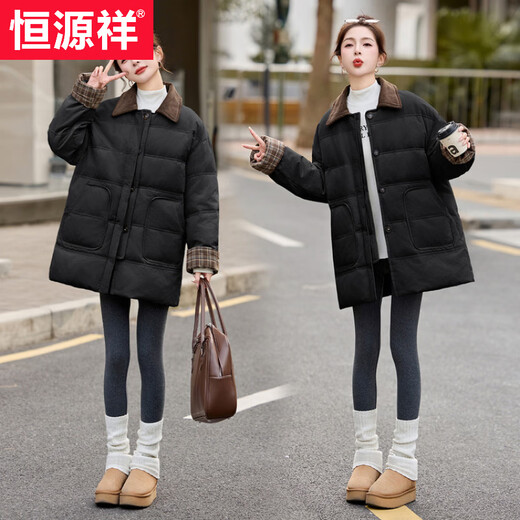 Hengyuanxiang 2026 new winter Korean style contrasting lapel down jacket for women, mid-length plaid, versatile, slim and warm jacket, black S