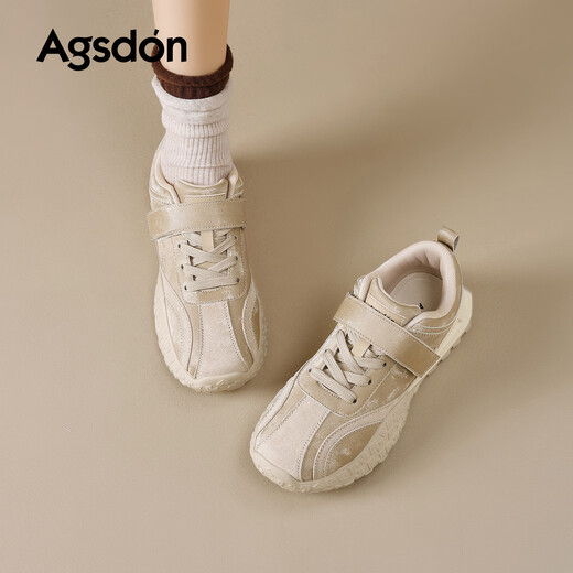 Augushiden thick-soled moral training shoes for women spring new retro versatile stitching tall and thin convenient Velcro casual sports shoes P161060 apricot 35