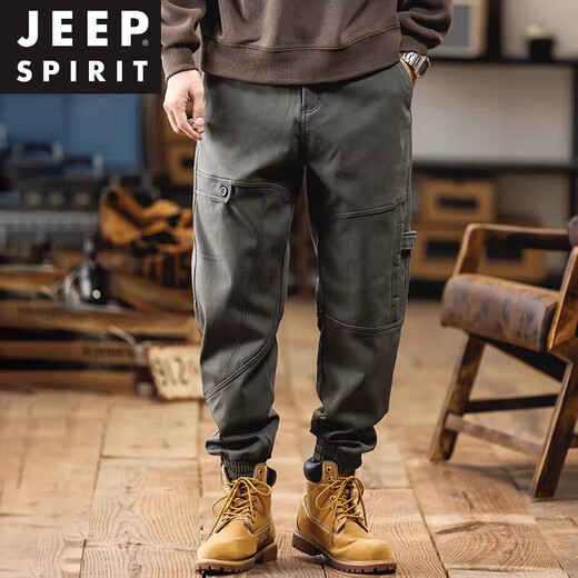 JEEP SPIRIT American overalls men's 2025 autumn and winter new loose velvet thickened casual pants retro men's trousers black winter velvet 4XL (180-200Jin Jin equals 0.5 kg)