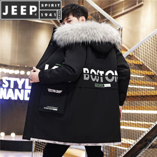 JEEP SPIRIT бархатная куртка средней длины, мужская новая зимняя модная куртка-пуховик с меховым воротником и капюшоном, красивая утолщенная ветровка, парка E91 цвета хаки (обновленный плюс бархатный стиль) XL