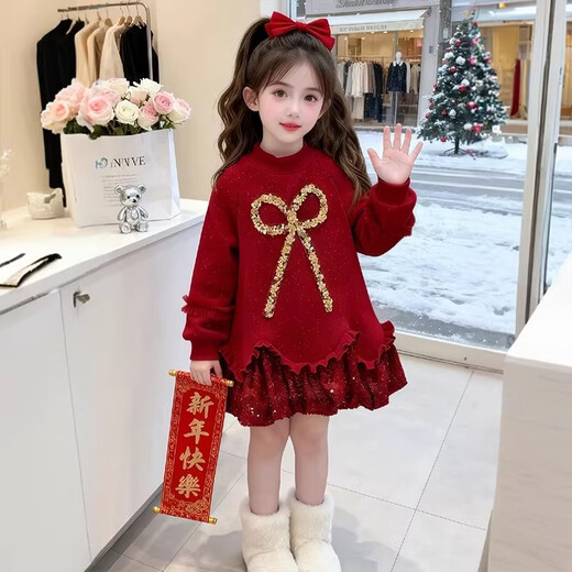 Guanimao girls New Year's dress winter 2026 new children's velvet sweatshirt dress medium and large children's winter clothing red New Year's greetings red velvet style 150 yards