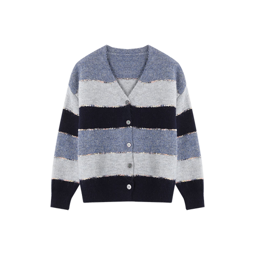 Mohan Yimei Contrast Color Striped Top 2025 Winter Wool V-neck Soft and Waxy Atmosphere Fresh Cardigan Sweater for Women