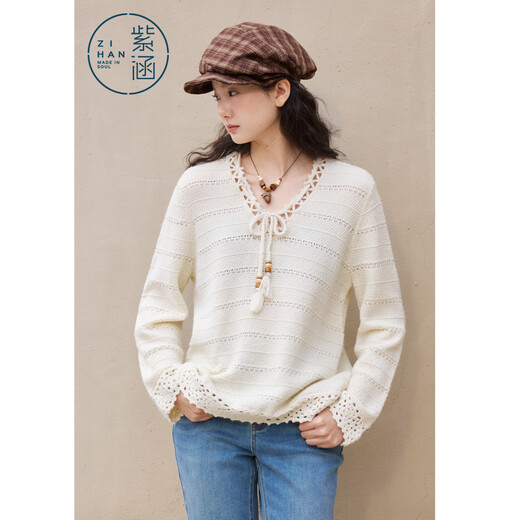 Zihan (ZIHAN) Zihan off-white V-neck strappy sweater for women 2026 spring new nomadic style hollow lace design sweater off-white XL