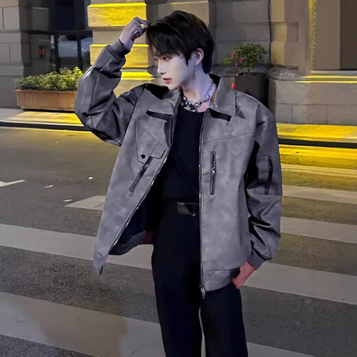 Корейская мужская элитная куртка, короткая модная брендовая винтажная американская кожаная куртка, красивая мотоциклетная куртка, весенне-осенняя серая M