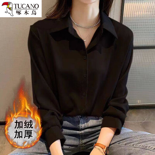 Woodpecker velvet thickened design shirt autumn and winter velvet warm Korean style black lapel long-sleeved shirt top trendy velvet square collar open button white S
