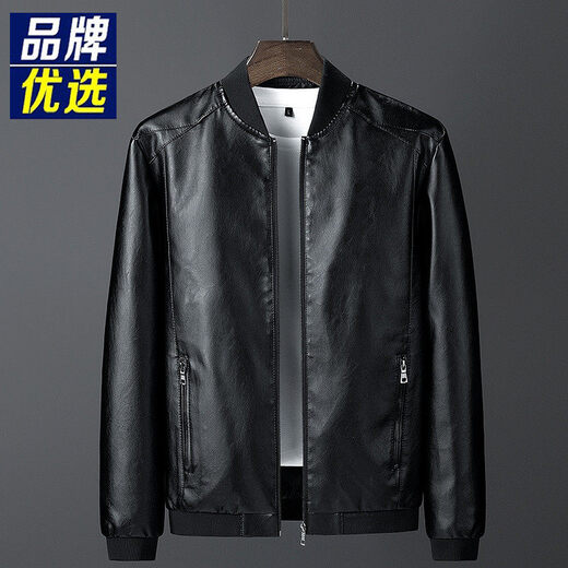 Dragon Tooth men's baseball collar leather jacket spring and autumn casual zipper leather jacket PU no-iron no-wash multiple sizes 817 black thin section M _80-100Jin Jin equals 0.5 kg