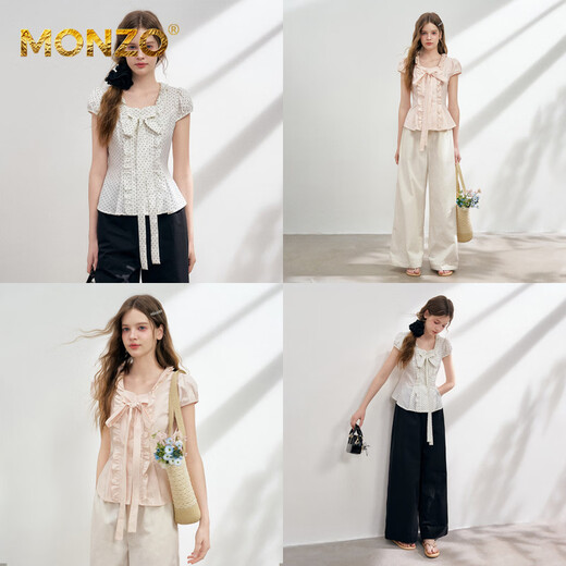 MONZO international high-end brand 2025 summer new pleated tops niche large bow fashion temperament short-sleeved shirt lotus root pink S
