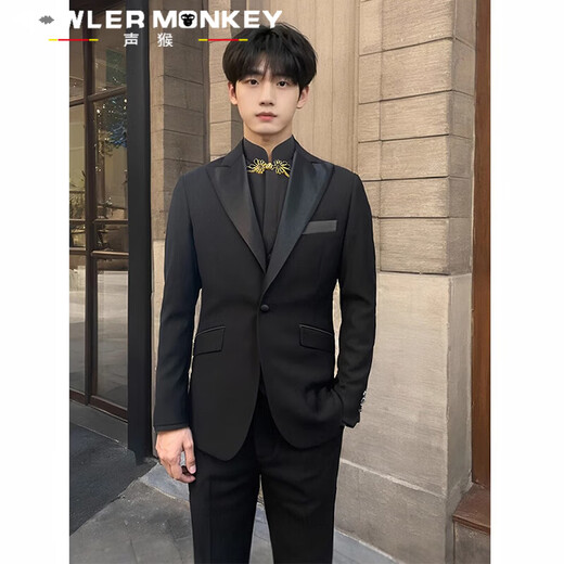 声猴西服套装男新中式西服外套男士休闲西服国风修身新郎结婚礼服宴会 西服外套+衬衫黑+西裤【三件套】 2XL （130-150斤））