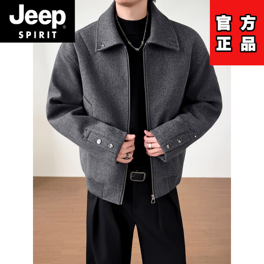 JEEP SPIRIT Korean design woolen jacket men's autumn and winter thickened tops handsome trendy brand lapel woolen jacket black 2XL