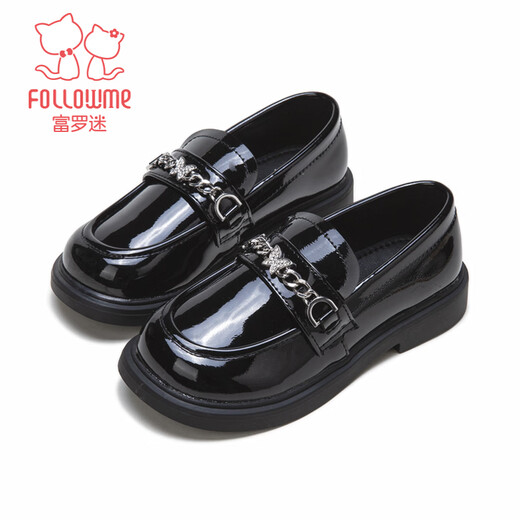 Fuluo Mi Girls' Leather Shoes 26 Spring Fashionable Loafers Children's Soft Soled Lightweight Single Shoes Shadow Black 29