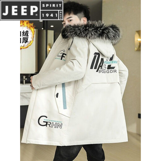 JEEP SPIRIT mid-length windbreaker autumn and winter plus velvet thickened jacket men's simple trendy fashion top winter clothing two-piece set 1/GF plus velvet fur collar-Black M