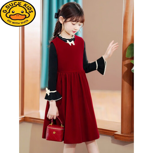 G.duck3-16 years old children's clothing girls dress autumn and winter 2024 new style little girl style princess skirt suit children two pieces Q16 wine red skirt (single skirt) 140
