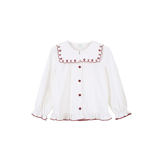 Xiaoyinman children's clothing girls pure cotton shirt wavy navy collar 26 spring small flower embroidered top for children and girls off-white 130